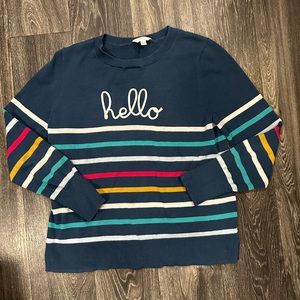 Time and Tru Navy blue hello rainbow stripe sweater